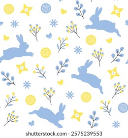 Easter spring bouncing rabbits with flowers and leaves pattern. Cute baby bunnies. Spring seamless background for print, textile, wrapping paper, fabric. Flat vector design.