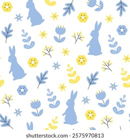 Easter spring bouncing rabbits with flowers and leaves pattern. Cute baby bunnies. Spring seamless background for print, textile, wrapping paper, fabric. Flat vector design.