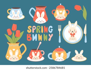 Easter spring bunny clipart. Cute tableware cup, plate, kettle, sugar bowl and jug with bouquet tulips decorated with funny rabbit. Isolated holiday, tea party elements. Vector Flat illustration