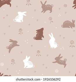 Easter Spring Bunny Vector Seamless Pattern. Illustration Of Little Rabbit In Floral Field For Textile Or Wrapping Surface. Happy Easter Ornament For Christian Spring Holidays.