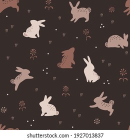 Easter Spring Bunny Vector Seamless Pattern. Illustration Of Little Rabbit In Floral Field For Textile Or Wrapping Surface. Happy Easter Ornament For Christian Spring Holidays.