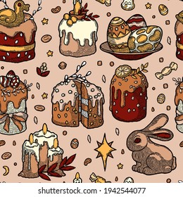 Easter Spring Cake Seamless Pattern. Cute Traditional Bakery Russian Kulich with Boho Element Orange, Leaf, Colored Egg, Duck, Candle, Chocolate Bunny, Berry, Icing. Vector flat cartoon illustration