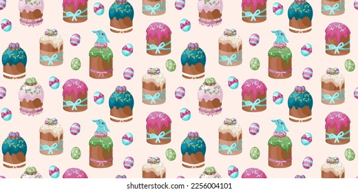 Easter Spring Cake Seamless Pattern. Cute Traditional Bakery. Vector flat cartoon illustration