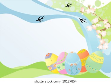 Easter spring card with eggs, branch and birds.