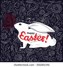 Easter spring card. Spring flowers card. Card with Rabbit with butterfly, flowers, leafs.