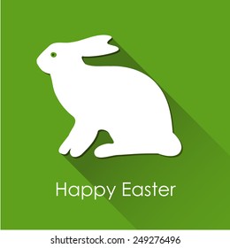 Easter spring card with white rabbit, hare and long shadow, vector illustration background