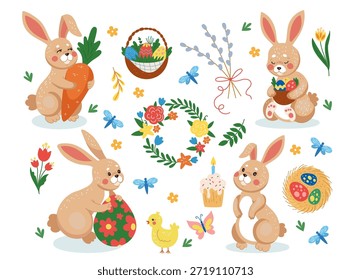 Pascua. Celebración de primavera. Conejito sostener pastel, mariposa, cesta con hojas y flores. Conejo para niños. Decoración floral sencilla. Elementos de dibujos animados estilo plano. Vector de vacaciones ordenado ilustración aislada
