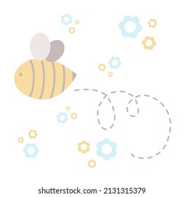 Easter spring children's clipart. Bee, dotted line, flowers on a white background. Vector simple illustration. Pastel colors, brown, blue, gray, farm, Easter, spring day. For fabric, background, cover