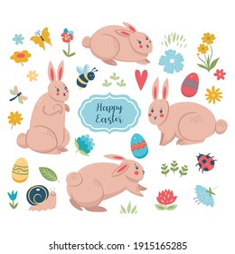 Easter spring collection of bunnies and cute elements isolated on white background. Vector graphics.