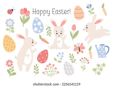 Easter spring collection. Cute rabbits, eggs, flowers, insects, plants and watering can. Vector illustration. isolate hand drawn flat cartoon elements. kids collection