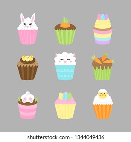 Easter, spring cupcakes vector illustration icon collection. Holiday, seasonal decorated cupcakes with frosting. Easter themed characters, candy and decorations. Isolated on grey background.