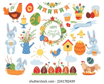 Easter spring cute elements. Garden stickers, flower bouquets and funny chicken. Festive garlands, bunny and summer birds classy vector clipart