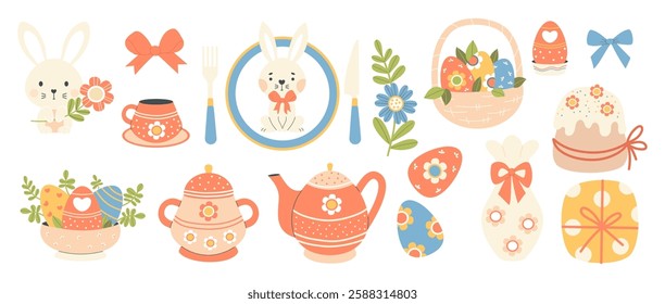 Easter spring decoration set. Cute holiday bunny with flower, paschal eggs, tableware teapot, cups, sugar bowl, food, vase and gift. Isolated festive party elements. Vector illustration in flat style 