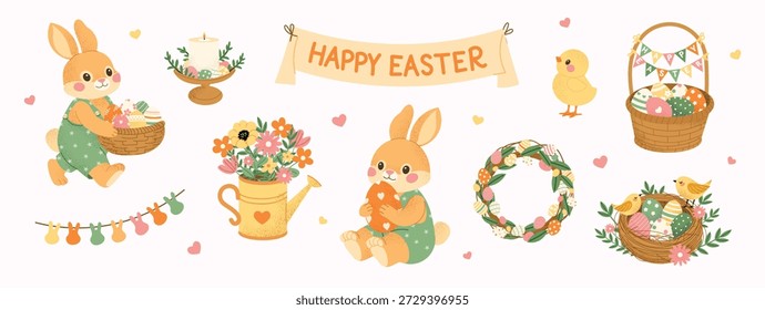 Diseño de primavera de Pascua con conejito lindo, huevos decorados, cestas, corona, flores y polluelo. Dulces carteles de ilustración de vacaciones y Plantillas festivas. Ilustración vectorial plana.