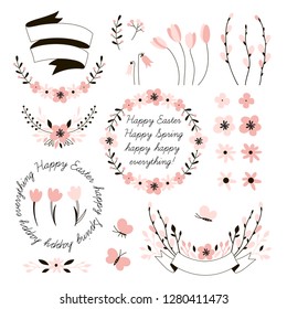 Easter spring design elements set with flowers, floral frames and wreath and lettering, delicate vector graphic for spring and easter greetings design in pink palette