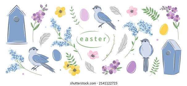 Easter and spring design elements set. Eggs, birds, flowers and decorations. Vector illustration.