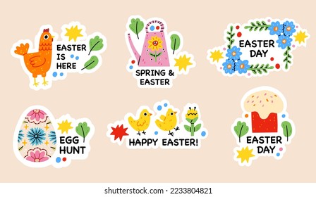 Easter spring doodle elements. Rabbit, flowers and chickens, cute easter theme symbols. Holiday easter icons cartoon illustration stickers with calligraphy text. Easter greeting cars. Hand draw child