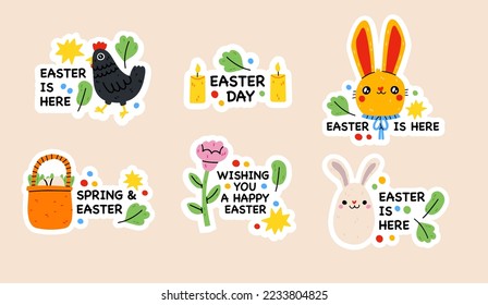 Easter spring doodle elements. Rabbit, flowers and chickens, cute easter theme symbols. Holiday easter icons cartoon illustration stickers with calligraphy text. Easter greeting cars. Hand draw child