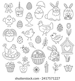 Easter spring doodle set. Happy Easter line icons. Cute items for coloring book. 