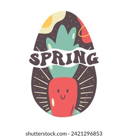 Easter spring egg design with text. Easter holiday symbol egg hunt in colorful flat style with . Retro art decoration. Stock vector icon illustration clipart.