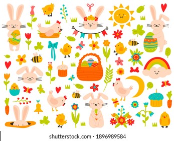 Easter spring elements. Eggs, rabbit, flowers and chickens, cute easter theme symbols. Holiday easter icons cartoon vector illustration set. Holiday greeting stickers with plants and basket