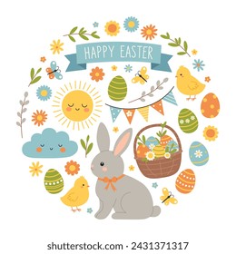 Easter spring elements set in circular shape. Rabbit, chicken, eggs, basket, flowers, butterflies. Cute holiday collection. Vector flat illustration on white background