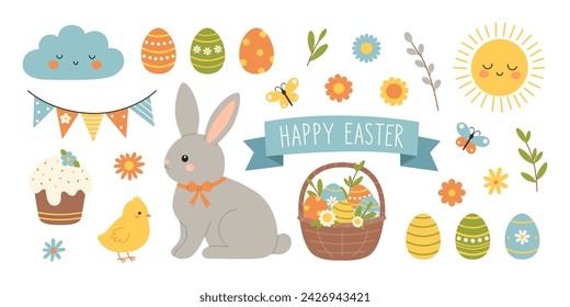 Easter spring elements set. Rabbit, chicken, eggs, basket, flowers, butterflies. Cute holiday collection. Vector flat illustration on white background