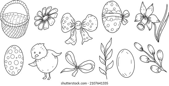 
Easter Spring Festival Chick Willow Basket Flowers Chamomile Bowknot Eggs Hand Drawn Sketch Doodle Coloring for Children