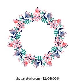 Easter and Spring festive wreath flat design icon isolated on white background. Natural holiday wreath decorated with plants, flowers and different botanical elements.