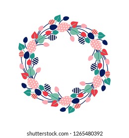 Easter and Spring festive wreath flat design icon isolated on white background. Natural holiday wreath decorated with colored eggs, flowers and different botanical elements.