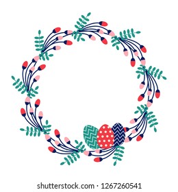 Easter and Spring festive wreath flat design icon isolated on white background. Natural holiday wreath decorated with colored eggs, flowers and different botanical elements.