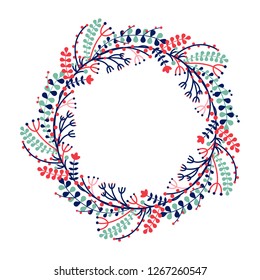 Easter and Spring festive wreath flat design icon isolated on white background. Natural holiday wreath decorated with plants, flowers and different botanical elements.