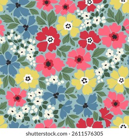 Easter spring floral pattern in small abstract flowers. Small blue, yellow and pink flowers. Light blue background. Ditsy print. Floral seamless background. Cute template for fashion prints.
