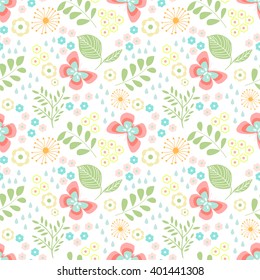 Easter spring floral seamless pattern with butterflies, leaves  pastel color background