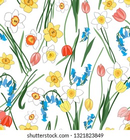 Easter spring floral seamless repeat pattern with tossed garden flowers daffodils, tulips and bluebells. Mother's day packaging, fabric, clothing, gardening projects.	
