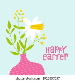 Easter spring flower bouquet in vase. Cute flat hand drawn decoration with garden tulips, peony, mimosa, dandelion and leaves. Modern greeting card for spring holiday.
