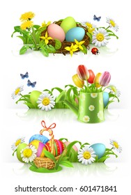 Easter, Spring flowers. 3d vector banner set