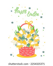 Flores de primavera de Pascua en cesta, daffodil, olvídenme-no. Letras felices de Pascua. Aislado sobre fondo blanco. 