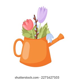 Flores de primavera de Pascua. Tulipanes con hojas en lata de riego.