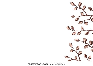 Easter spring frame, border with sprigs of willow. Template hand drawn design for banner, poster, card, paper. Holiday print. Branch with pussy willow buds. Vector illustration background.