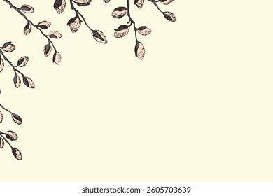 Easter spring frame, border with sprigs of willow. Template hand drawn design for banner, poster, card, paper. Holiday print. Branch with pussy willow buds. Vector illustration background.