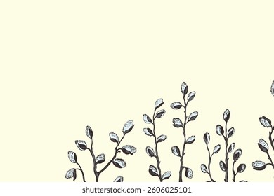 Easter spring frame, border with sprigs of willow. Template hand drawn design for banner, poster, card, paper. Holiday print. Branch with pussy willow buds. Vector illustration background.
