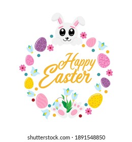 Easter spring frame, wreath with bunny, Easter eggs and flowers on a white isolated background in a flat style, cartoon. Vector Easter drawing. Easter, holiday, sticker, decoration, printing on bags