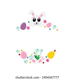 Easter spring frame, wreath with bunny, Easter eggs and flowers on a white isolated background in a flat style, cartoon. Vector Easter drawing. Easter, holiday, sticker, decoration, printing on bags