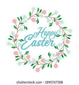 Easter spring frame, wreath on white isolated background in flat style, cartoon. Vector Easter drawing. Easter, holiday, sticker, decoration, printing on bags, t-shirts.