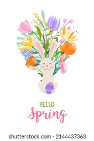 Easter spring greeting card. A bouquet of spring herbs and flowers with a cute Easter bunny holding a bright Easter egg in its paws. The inscription Hello spring.