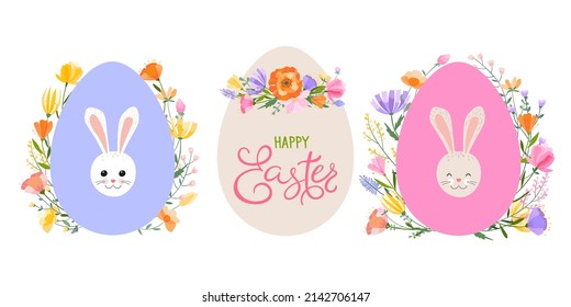 Easter spring greeting card. Easter eggs on the background of spring grasses and flowers with the faces of cute Easter bunnies. Inscription Happy Easter.