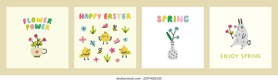 Easter and spring greeting card set. Posters with flowers, eggs and bunnies. Vector illustration.