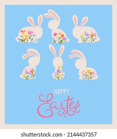 Easter spring greeting card. Silhouettes of Easter bunnies with spring flowers and herbs on a blue background and the inscription Happy Easter.