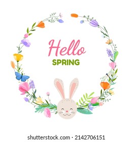 Easter spring greeting card. A wreath of spring flowers and herbs with cute easter bunny. Inscription Hello Spring.
